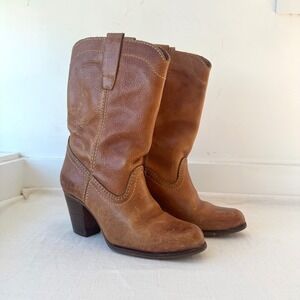 Brown Leather Western Cowboy Boots Block Heel Women's‎ Size 6